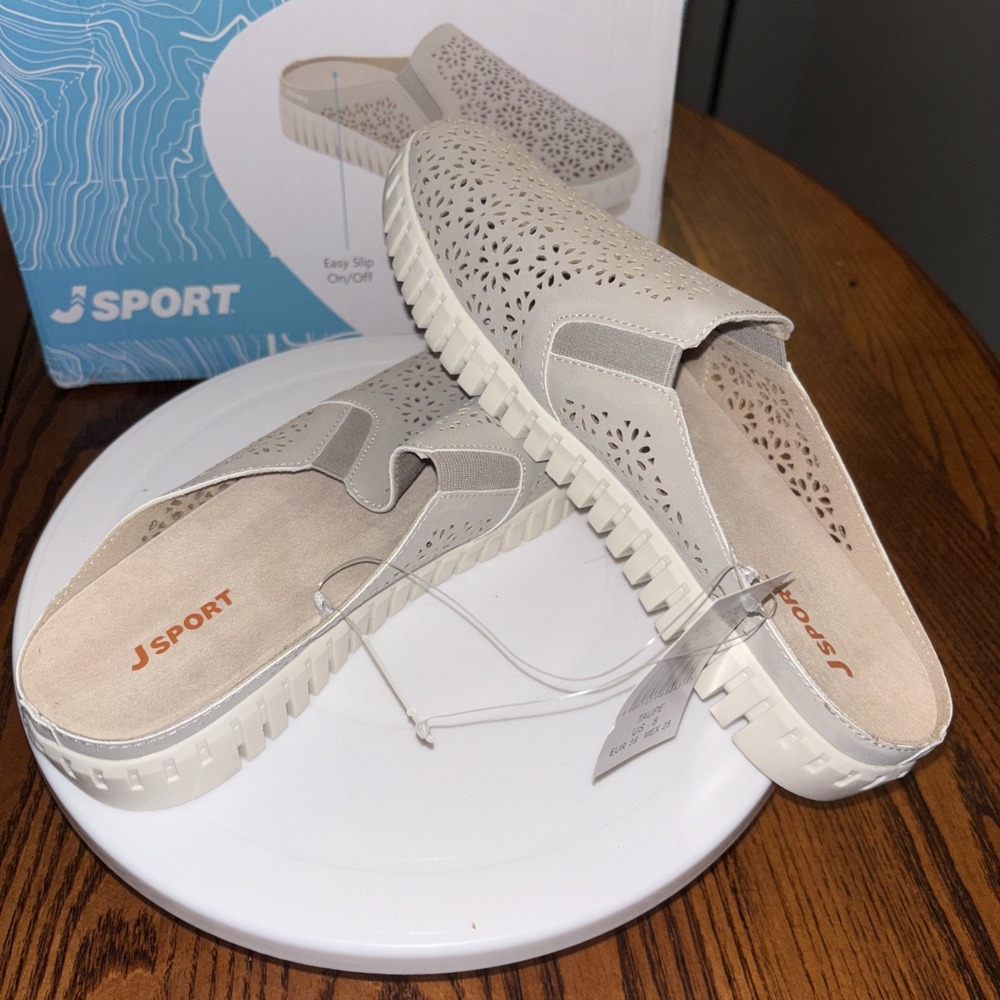 JSport Taupe  Laser Cut Floral Slip on Mule Ladies Size 8 New in Box